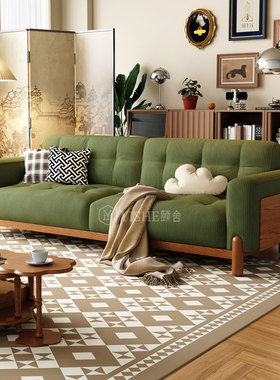 复古实木直排沙发小户型客厅家具棉花糖沙发法式布艺沙发组合绿色