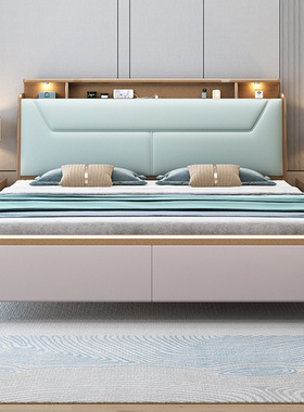 洛西亚新款轻奢软包实木床床头可储物1.8米双人夜灯床婚床高箱床