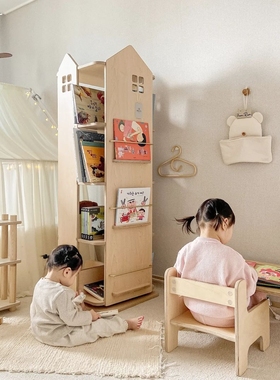 北欧ins风实木环保儿童360°旋转书架绘本架卡通学生床头客厅书架