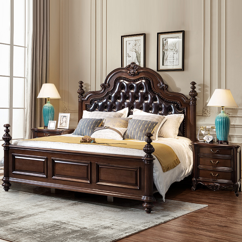 美式实木床真皮双人床主卧婚床胡桃色高端软包床欧式雕花卧室大床