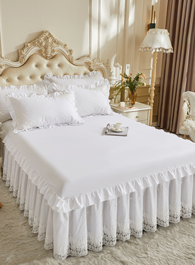 纯棉床罩单件蕾丝花边全棉床裙式床单防滑1.8m防尘罩白色夏季薄款