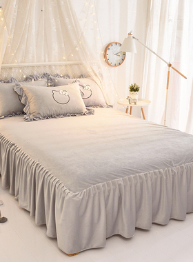 牛奶绒纯色床裙床笠单件加厚保暖冬公主风床罩珊瑚绒床单床上用品
