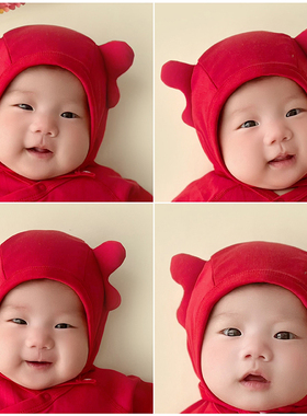 龙宝宝婴儿帽子兔子满月女孩0-6个月新生儿龙角男纯棉胎帽护囟门