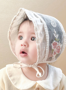 婴儿帽子夏季薄款刺绣宫廷风可爱女宝宝春夏天透气防晒遮阳公主帽