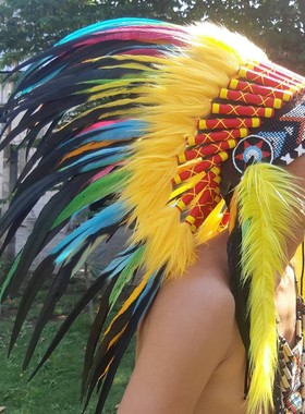 印第安头饰南美酋长帽子花色软毛款野人头戴发饰部落头饰表演道具