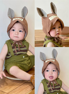 宝宝帽子春夏护耳帽婴幼儿兔耳朵包头帽可爱萌系带百搭遮阳松鼠帽