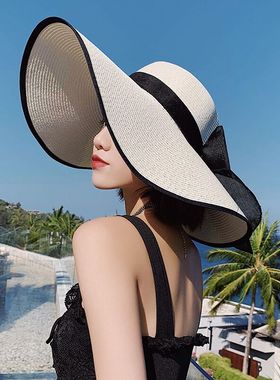 法式草帽沙滩帽子女夏遮阳帽防晒可折叠防紫外线海边太阳帽草编帽