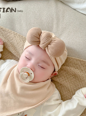 婴儿帽子秋冬款新生儿胎帽口水巾套装男女宝宝印度帽初生儿囟门帽