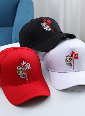 儿童帽子国潮刺绣棒球帽红色时尚中国风帽子学生活动运动会鸭舌帽