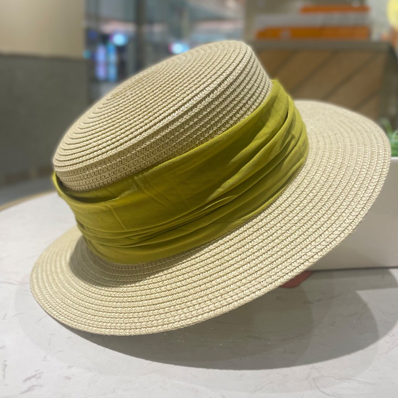 法式平顶草帽女夏季遮阳防晒出游发带复古优雅太阳帽时尚度假帽子