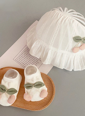 夏季宝宝护囟门帽子地板袜套装薄款遮阳卤门帽婴儿袜甜美可爱空顶