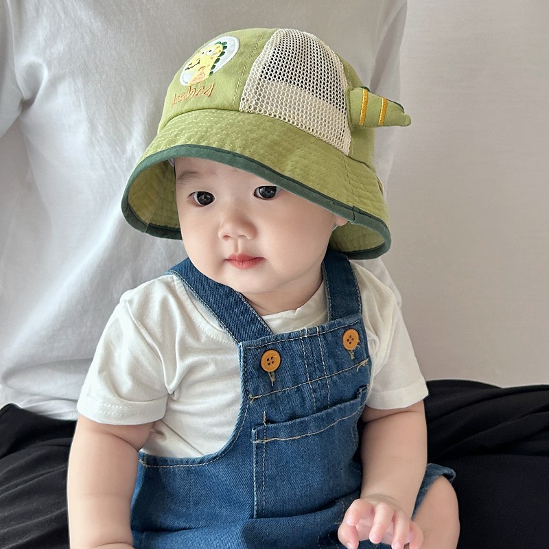 婴儿遮阳帽子夏季薄款时尚恐龙网眼渔夫帽夏天小童男孩宝宝防晒帽
