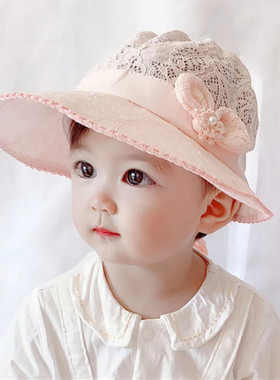婴儿帽子春夏薄款大檐遮阳防晒女宝宝蕾丝甜美公主可爱超萌渔夫帽