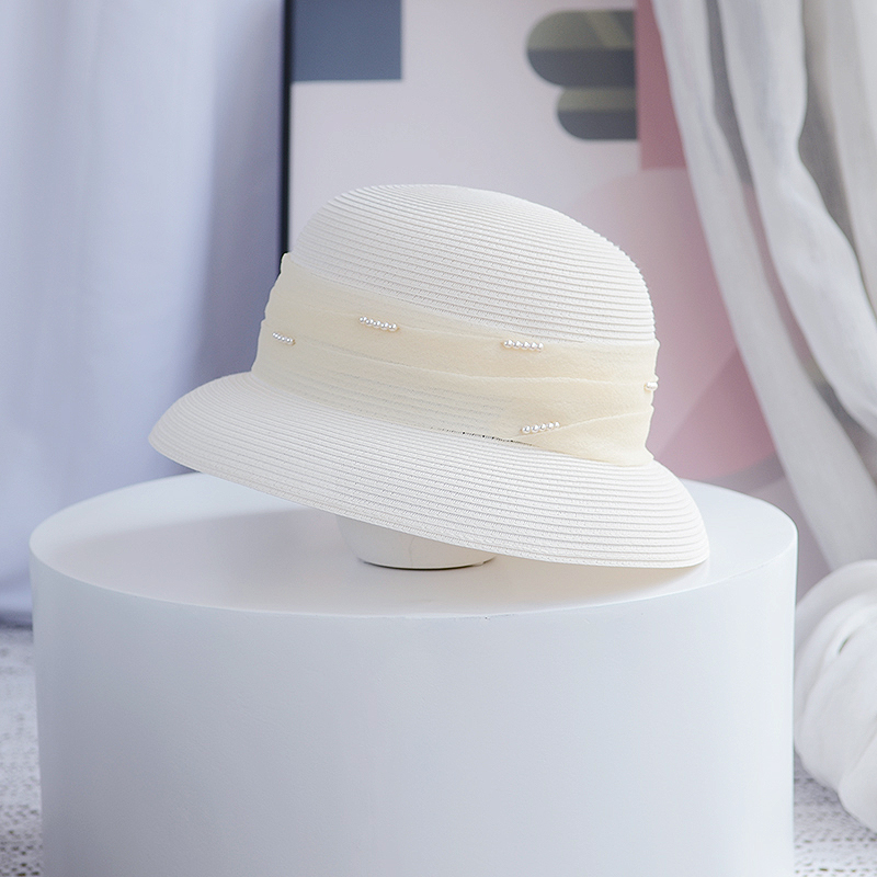 赫本风优雅珍珠草帽法式复古夏季出游防晒遮阳帽女可折叠沙滩礼帽