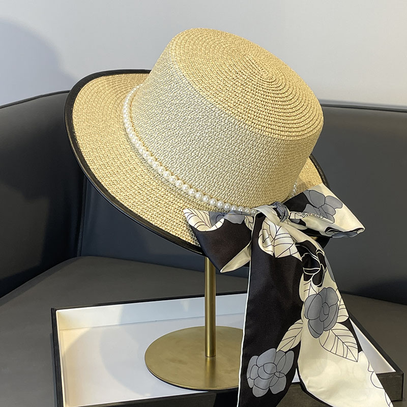 法式赫本风遮阳帽子女款2024新款夏季优雅珍珠气质草帽防晒太阳帽