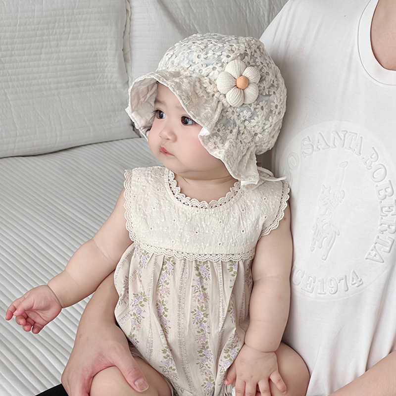 婴儿防晒帽子夏季薄款韩系女宝宝纯棉小月龄渔夫帽遮阳松紧胎帽潮