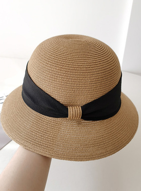 法式时尚草帽女新款可折叠遮阳帽夏季显脸小沙滩渔夫帽子海边防晒