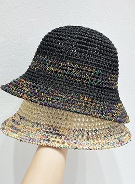 夏季针织镂空防晒遮阳渔夫帽女薄款透气彩色度假风编织草帽盆帽子