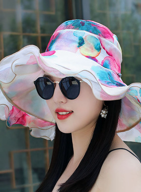 遮阳帽子女士韩版夏天大沿太阳帽出游防晒荷叶边沙滩帽防风可折叠
