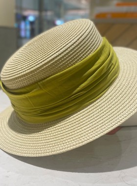 法式平顶草帽女夏季遮阳防晒出游发带复古优雅太阳帽时尚度假帽子