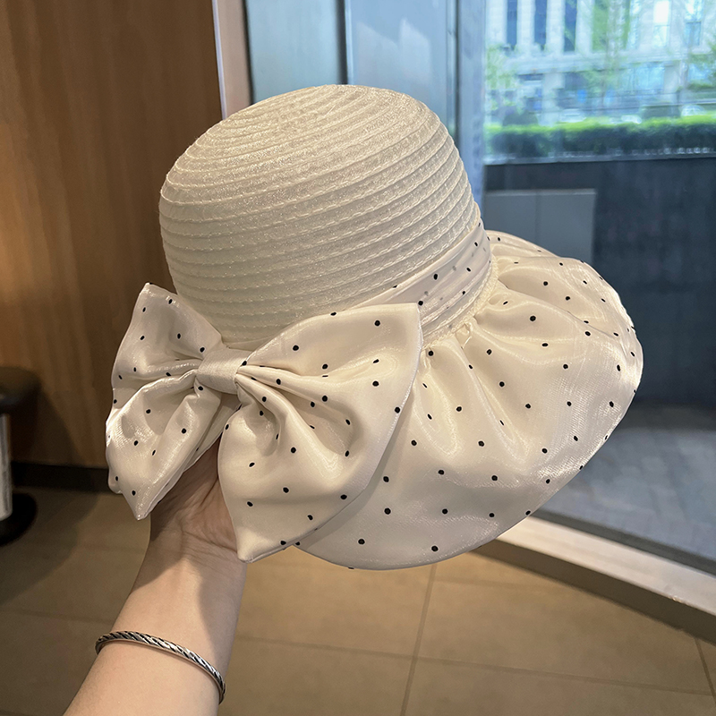 波点欧根纱遮阳帽女夏季时尚透气防晒渔夫帽子可折叠蝴蝶结太阳帽