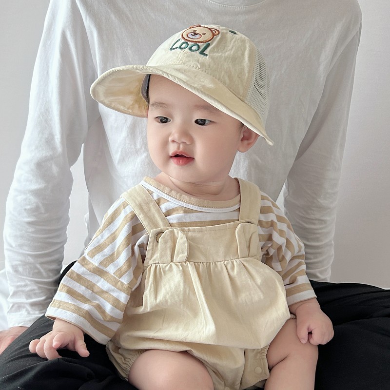 婴儿防晒帽子夏季薄款男童小熊大檐网眼遮阳帽男孩宝宝透气太阳帽