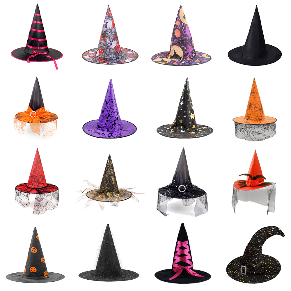 万圣节帽子成人儿童派对巫师帽印花南瓜弯角魔法师帽网纱女巫婆帽