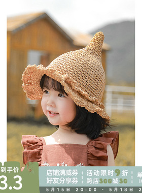 幼悠女童渔夫帽2024夏季宝宝新款洋气手工编织帽子儿童休闲遮阳帽