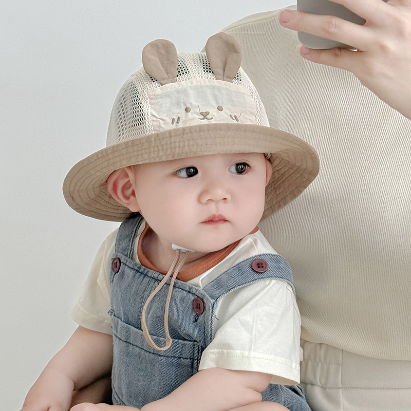 婴儿帽子夏季超萌小熊幼儿男童网眼防晒渔夫帽宝宝夏天薄款遮阳帽