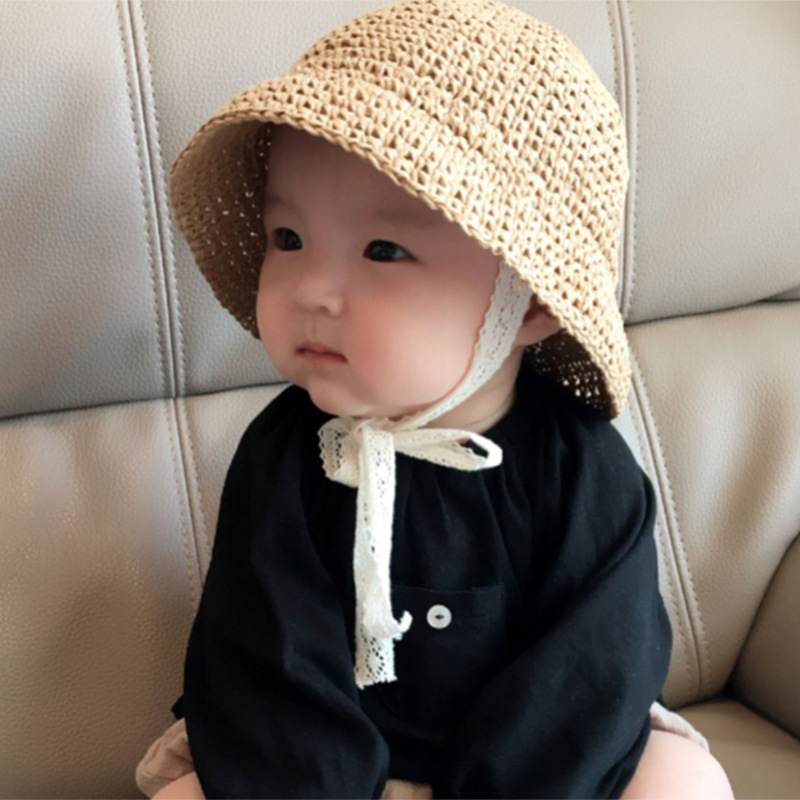 夏季儿童纯色蕾丝防晒透气草帽百搭凹造型宝宝渔夫帽子亲子帽