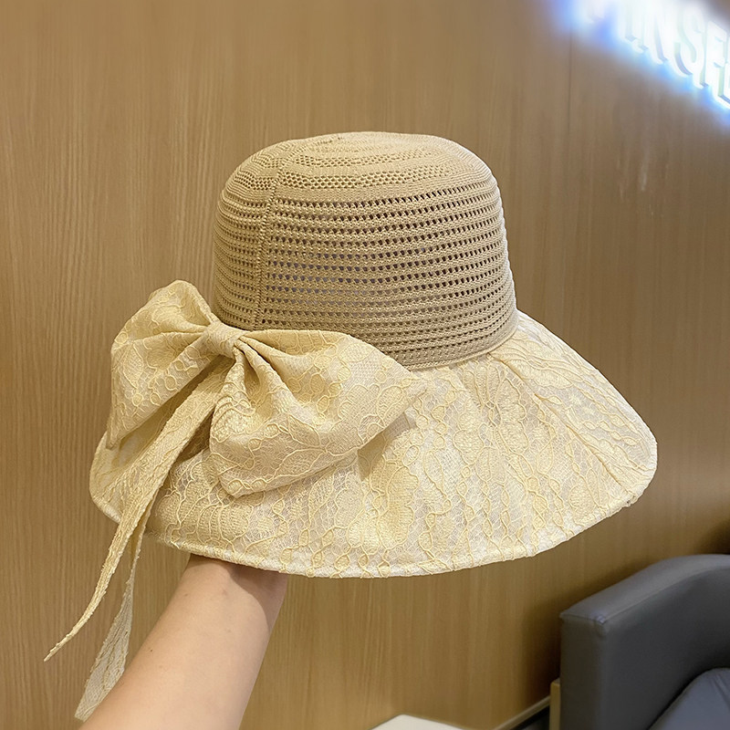 网红蕾丝蝴蝶结渔夫帽女夏季可折叠大檐遮阳帽透气防晒太阳帽盆帽