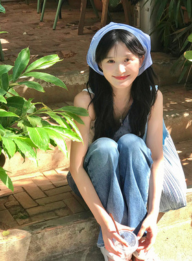 韩系蓝色格子三角头巾沙滩氛围感包头丝巾发带少女风海边拍照帽子