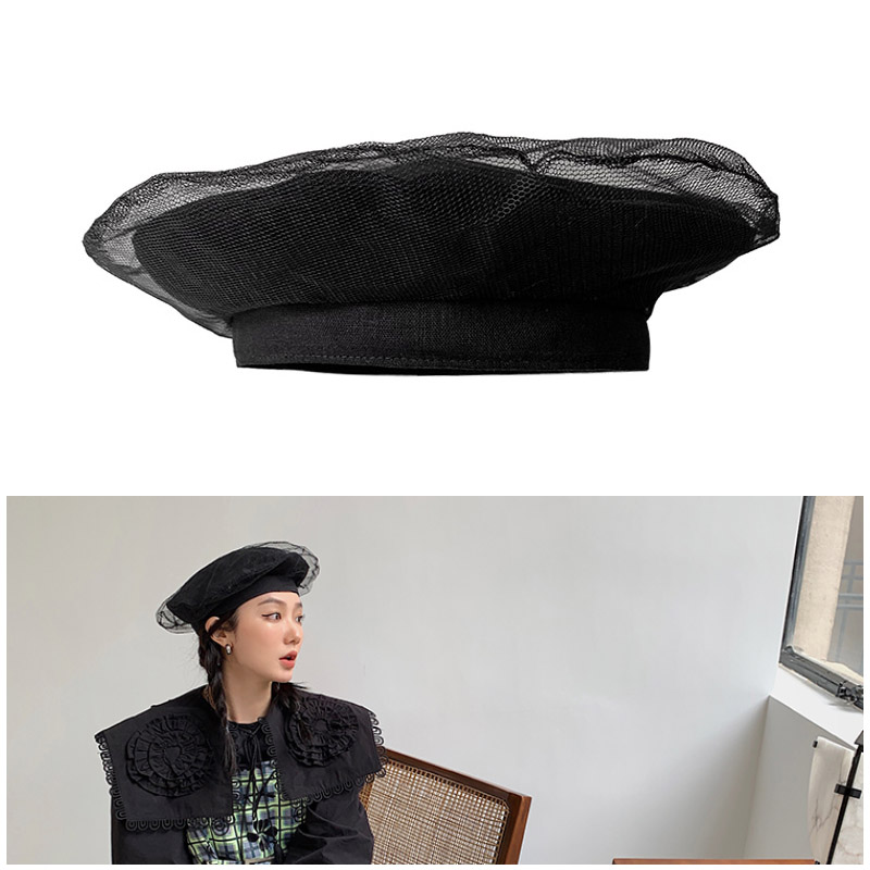 2022年区区欧阳同款黑色贝雷帽子春夏网纱透气显脸小蓓蕾帽画家帽