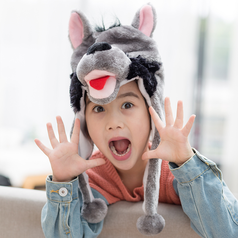 大灰狼卡通动物帽子幼儿园表演头饰道具儿童毛绒动物头套舞台道具