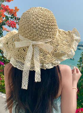 草帽海边帽子ins系带草编女夏季出游防晒沙滩太阳帽蕾丝边遮阳帽