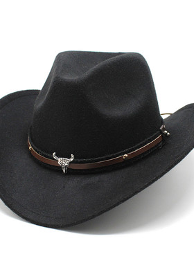 美国西部牛仔男帽黑色骑士帽男女骑马帽马术帽子金属牛头标礼帽