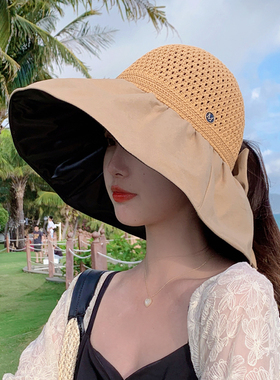 可扎马尾帽子女款夏季遮阳防晒渔夫帽黑胶遮脸大檐防紫外线太阳帽