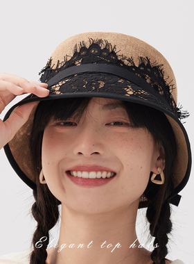 日本和纸优雅蕾丝礼帽女士洋气草帽女优雅蝴蝶结帽子短檐夏季出游