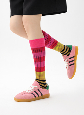 渐变条纹撞色复古小腿袜及膝堆堆袜网红男女个性时尚纯棉运动袜子