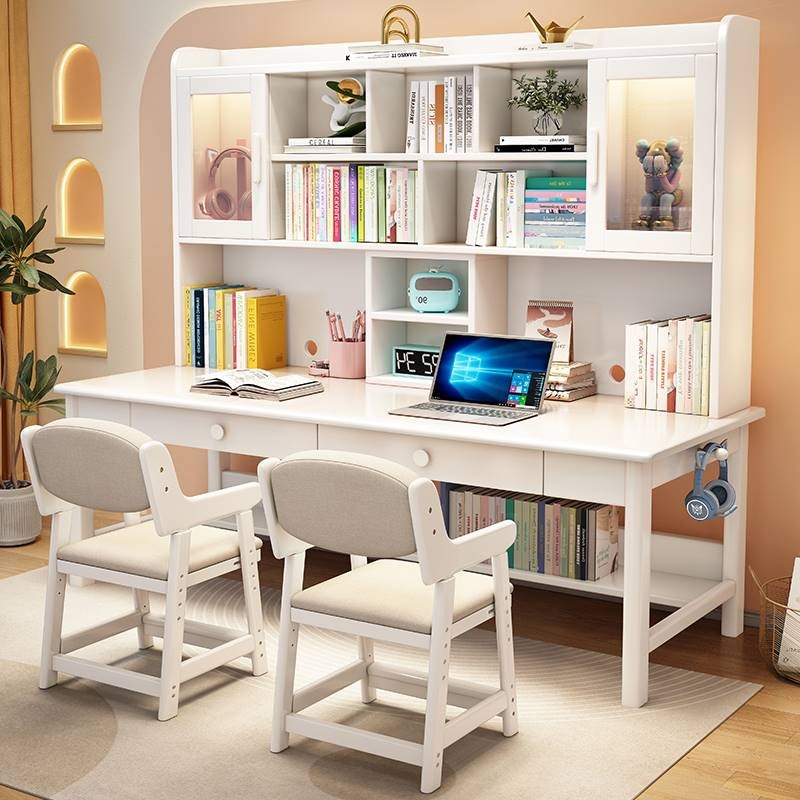实木儿童学习桌卧室书桌书架书柜组合双人小学生写字桌书房电脑桌