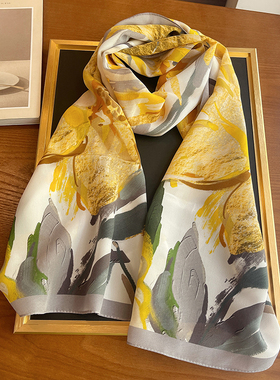浪漫黄色油画双绉真丝领巾100%桑蚕丝长条丝巾装饰搭配小围巾女夏