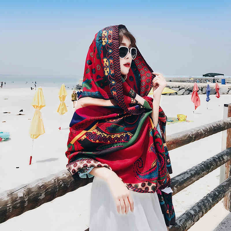 海边度假沙滩旅游拍照防晒丝巾草原沙漠复古大红色围巾披肩两用女
