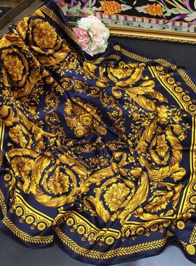 欧美古典风巴洛克花纹深藏蓝金色满堂图腾真丝手工卷边大方巾围巾