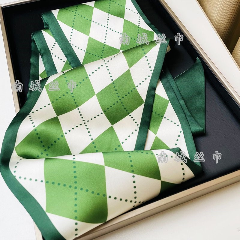 【绿菱格】高品质长条丝巾绿色格子双面撞色斜角飘带（14*145cm）