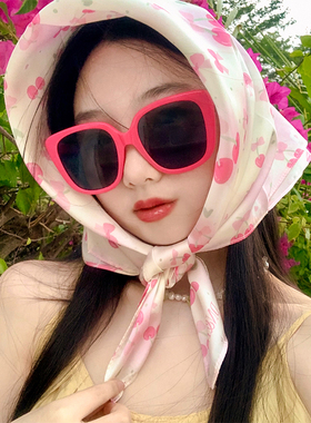 粉色樱桃三角头巾女春夏高级感海边拍照包头丝巾发带绑发网红装饰
