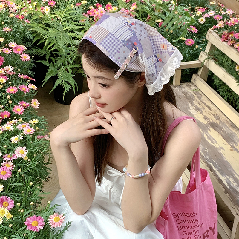 可爱少女头巾夏季新款法式绑带蕾丝发带丝巾海边度假拍照三角巾