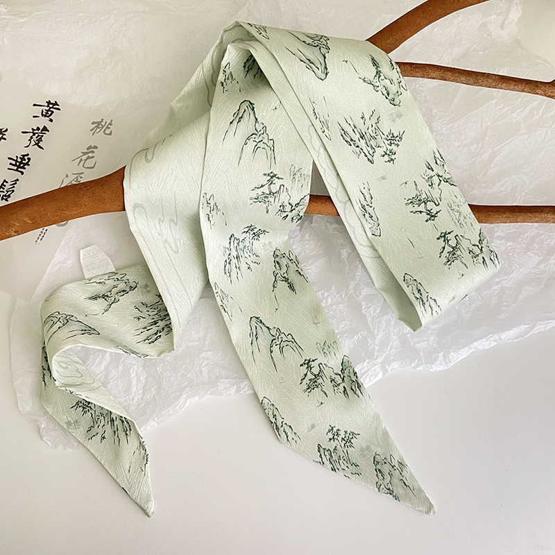 原创手绘草绿色丝巾长条女小清新中国风腰带绑包飘带发带气质领巾