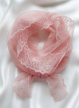 粉色法式蕾丝花边绑发带窄小长条薄丝巾编发绳头饰飘带丝带女夏季