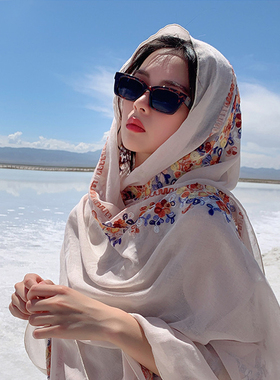 防晒披肩女围巾拍照刺绣民族风旅游丝巾波西米亚风户外海滩沙滩巾