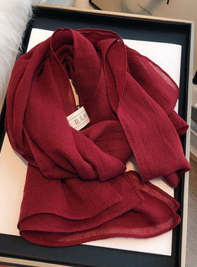 百搭酒红色棉麻围巾女冬季2024新款装饰丝巾小长条纯色保暖小领巾